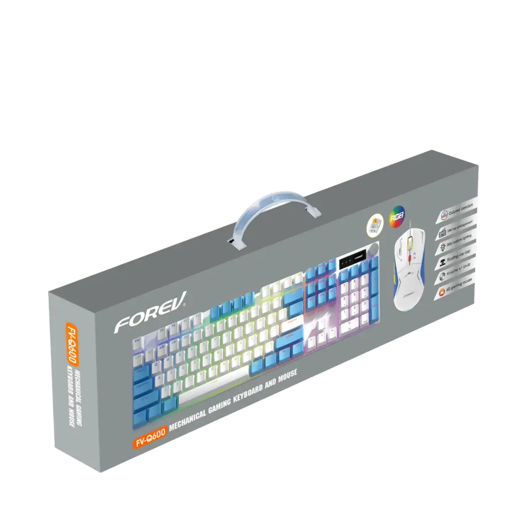 FV-Q600 مجموعة لوحة مفاتيح وماوس سلكي USB من فوريف (Forev) ، تضم لوحة مفاتيح ميكانيكية للألعاب تحتوي على 104 زرًا، مع ماوس متوافق ضمن نفس المجموعة